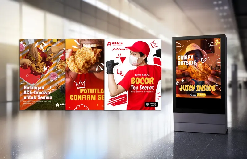 AllAce campaign posters featuring fried chicken and kitchen staff, with a digital signage mockup