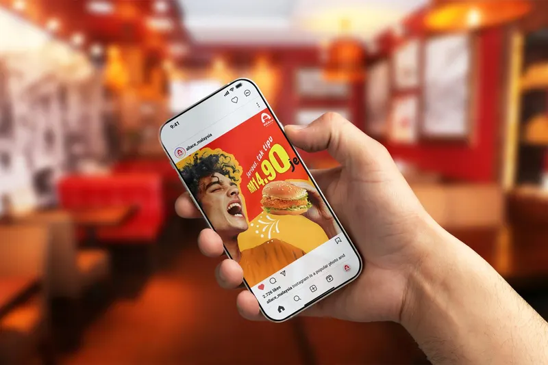 AllAce Instagram post promoting a RM14.90 burger deal, shown on a phone in a restaurant
