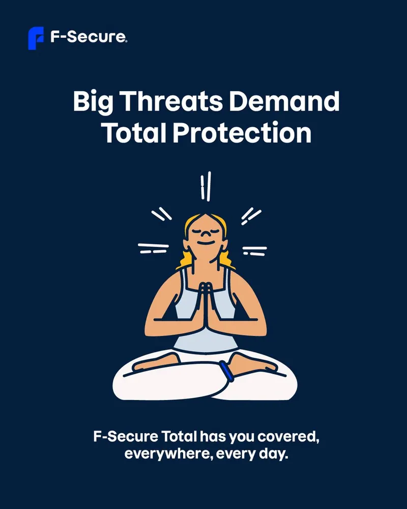F-Secure Total social post 'Big Threats Demand Total Protection' with an illustrated meditating person