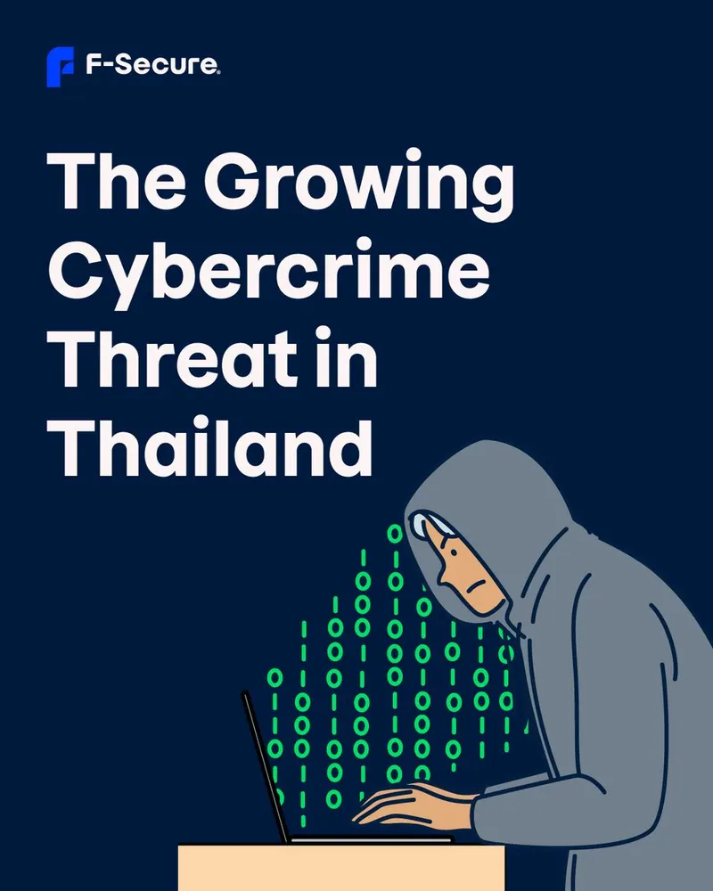 F-Secure social post 'The Growing Cybercrime Threat in Thailand' with an illustrated hooded hacker