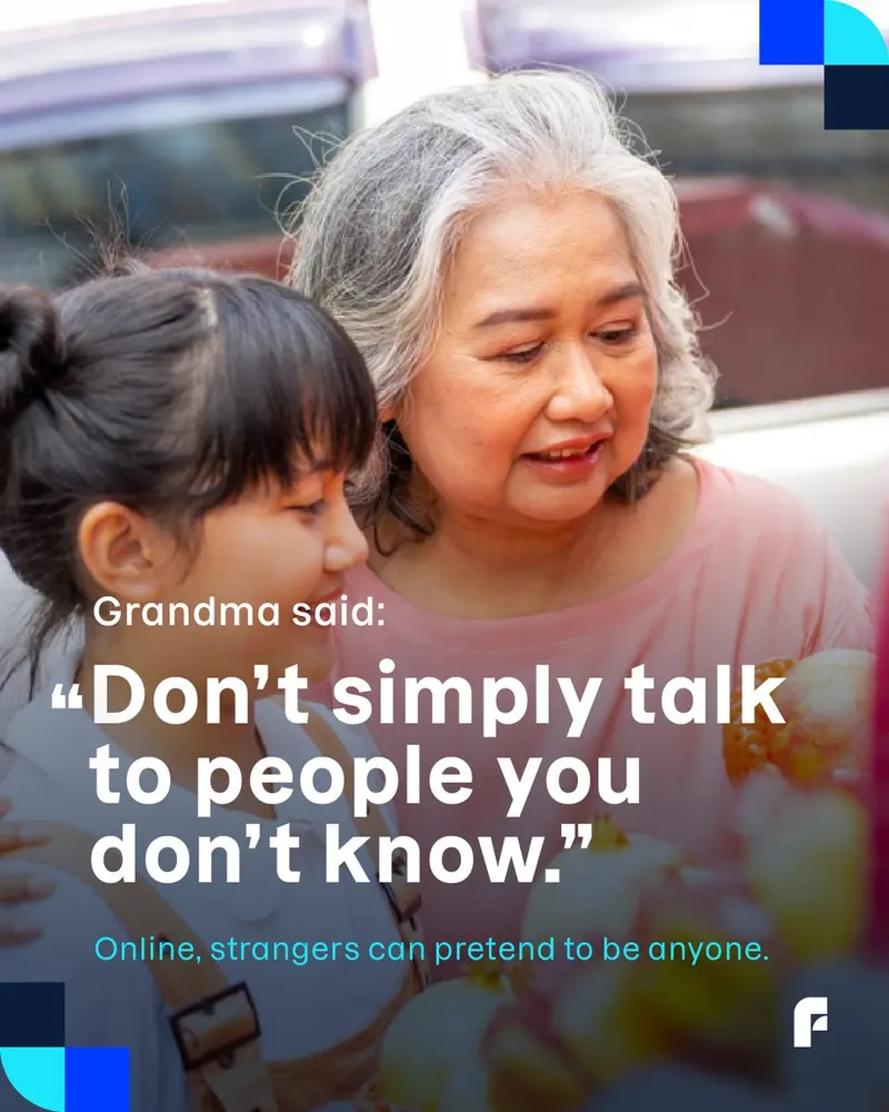F-Secure social post with a grandmother and girl, warning against talking to strangers online