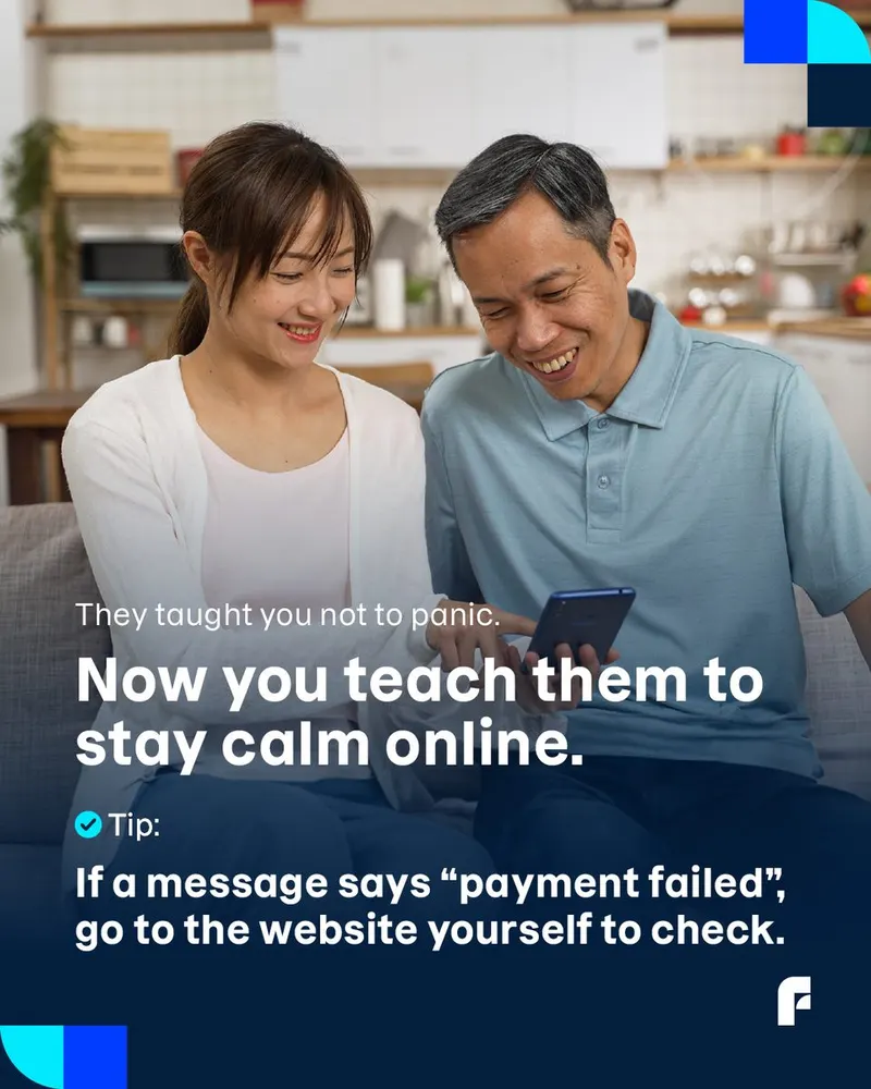 F-Secure social post of two people looking at a phone, with a 'payment failed' scam tip