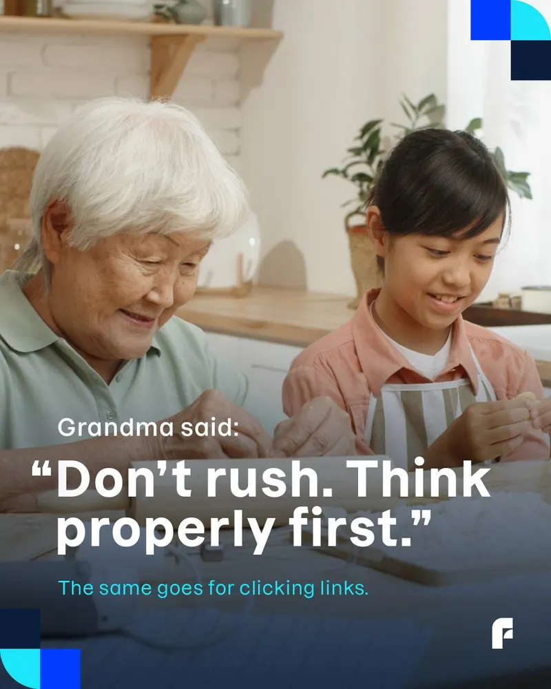 F-Secure social post of a grandmother and girl rolling dough, with a 'don't rush' message