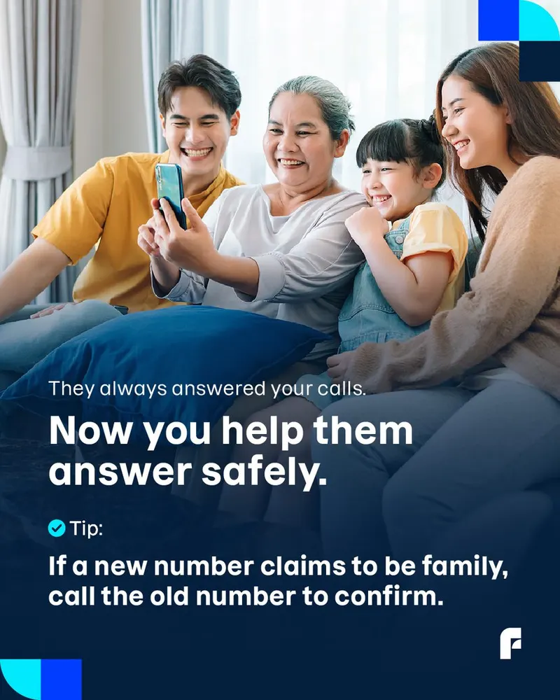 F-Secure social post with a family around a phone and a tip on confirming new numbers