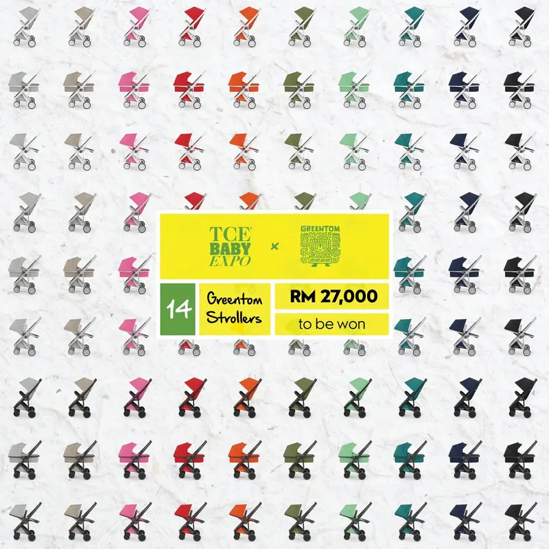 Greentom and TCE Baby Expo giveaway graphic showing 14 strollers worth RM 27,000 to be won