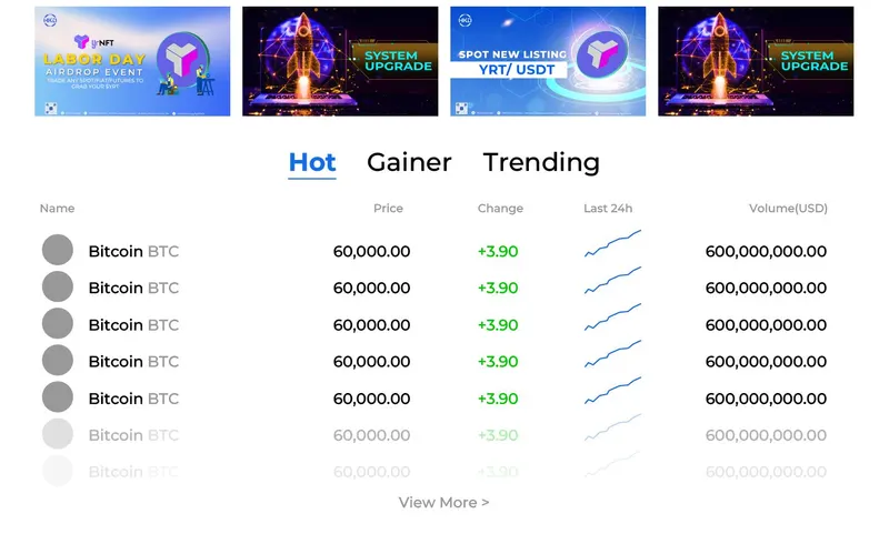 HKD.com UI/UX design of the market list with Hot, Gainer and Trending tabs and announcement banners
