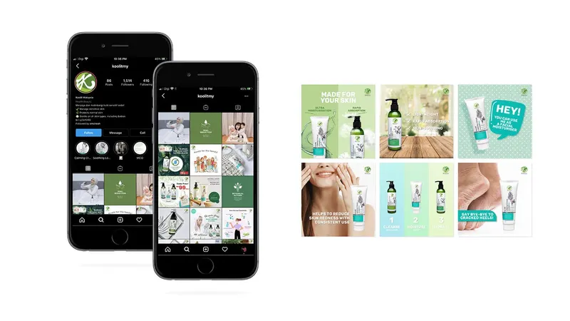 Koolit skincare Instagram profile and feed on two phones beside six product post designs