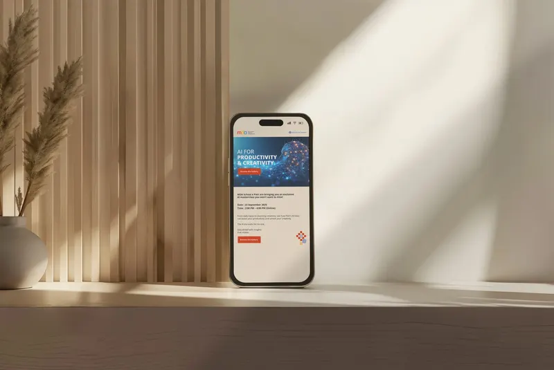 Malaysian Digital Association email invitation to an AI masterclass, shown on a phone mockup