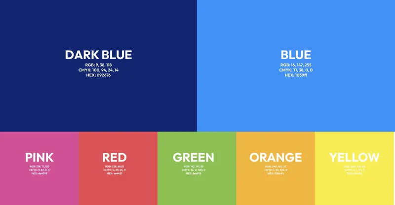 Promo Picasso rebrand colour palette of dark blue, blue, pink, red, green, orange and yellow