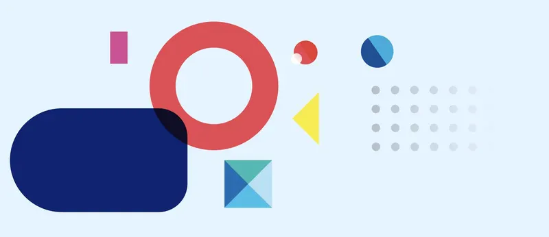 Promo Picasso rebrand graphic elements of rings, shapes and a dot grid in the brand palette