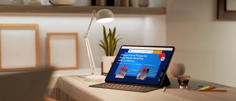 Promo Picasso rebrand website homepage on a tablet, headlined social media marketing with confidence