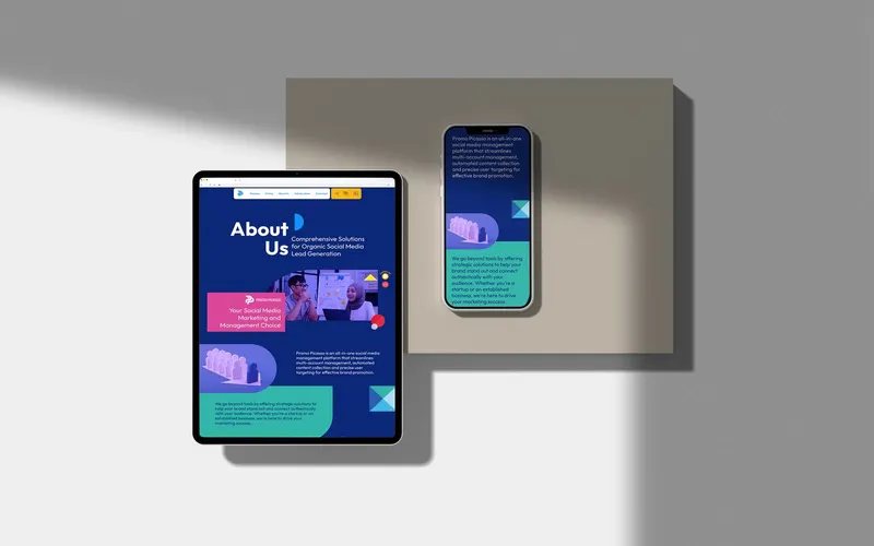 Promo Picasso rebrand About Us page UI design on a tablet and a phone