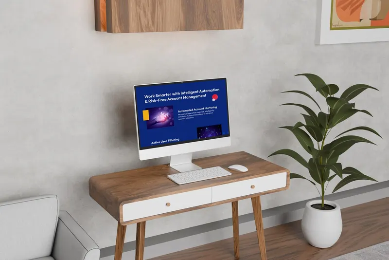 Promo Picasso website UI on a desktop monitor, showing intelligent automation and account management features