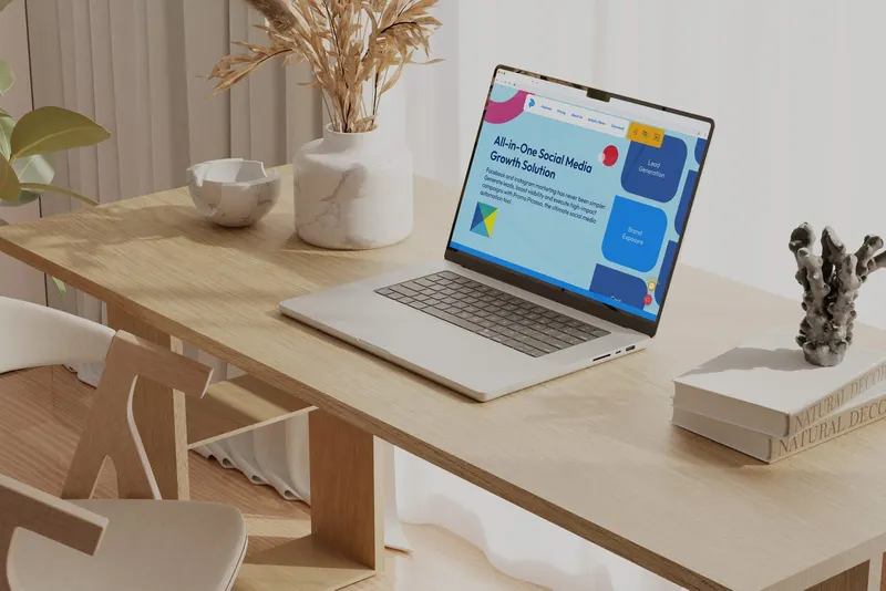 Promo Picasso website hero 'All-in-One Social Media Growth Solution' shown on a laptop