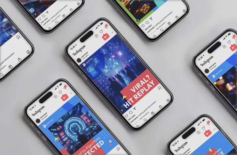 Promo Picasso Instagram posts with futuristic visuals and bold headlines, shown across several phone mockups