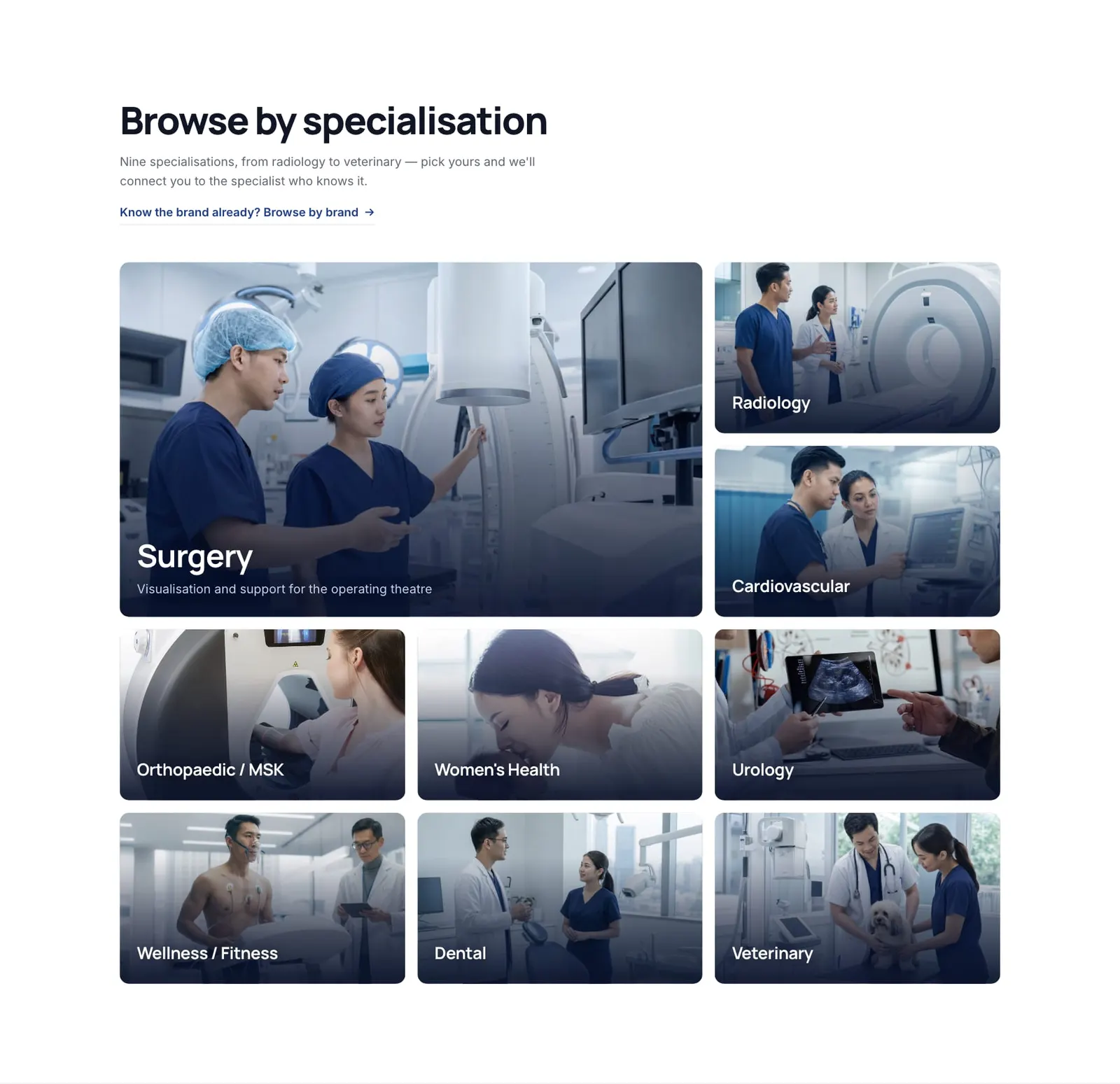Browse by specialisation: photo tiles for surgery, radiology, cardiovascular, orthopaedic, women's health, urology, wellness, dental and veterinary