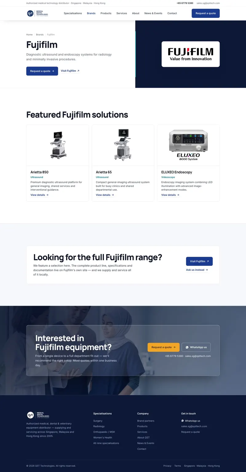 The Fujifilm brand page: introduction, featured products that link to Fujifilm's own site, and a quote request