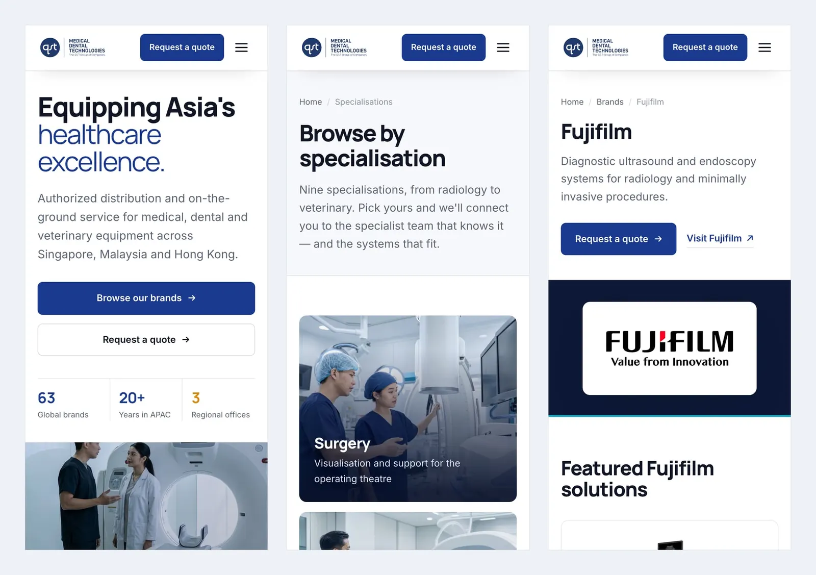 Three phone screens of the QST site: the homepage, browse by specialisation and the Fujifilm brand page