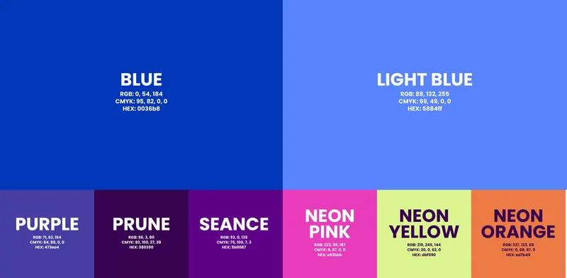 SkyPoly rebrand colour palette of blues, purples and neon pink, yellow and orange