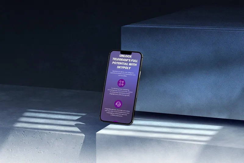SkyPoly mobile website UI on a phone, headed 'Unlock Telegram's Full Potential with SkyPoly'