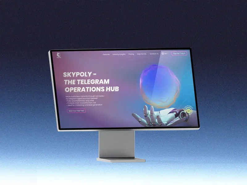 SkyPoly website homepage UI on a monitor, headed 'The Telegram Operations Hub'