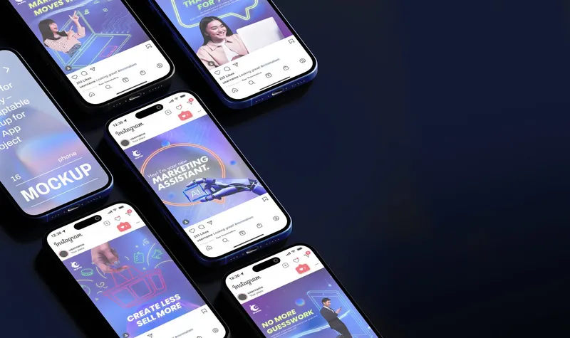 SkyPoly social media posts with neon visuals, including 'Create less, sell more', on phone mockups