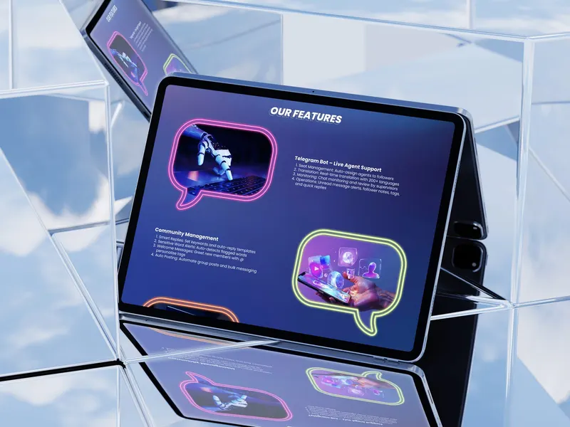 SkyPoly website features page UI on a tablet, with neon speech-bubble illustrations
