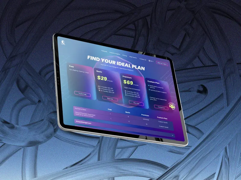 SkyPoly website pricing page UI on a tablet, with Free, Basic, Premium and Custom plans