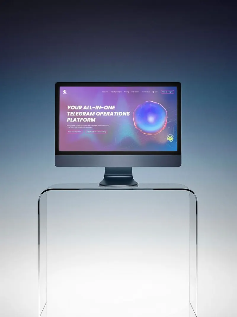 SkyPoly website homepage UI on a desktop monitor, headed 'Your All-in-One Telegram Operations Platform'