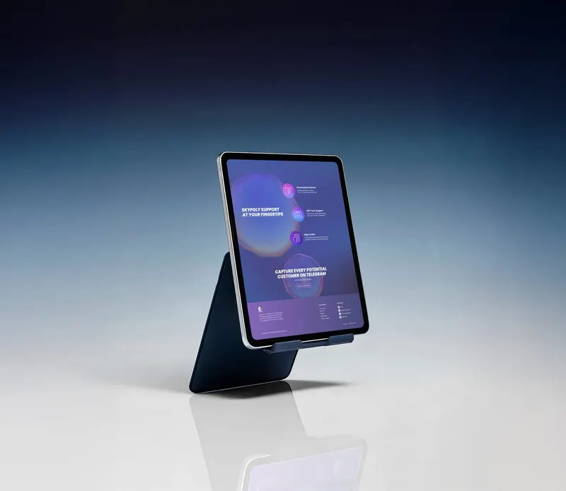 SkyPoly website support page UI on a tablet, with demos, 24/7 tech support and help centre