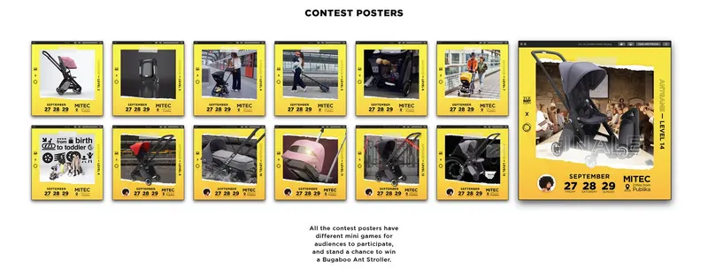 TCE Baby Expo contest poster series with mini games to win a Bugaboo Ant stroller