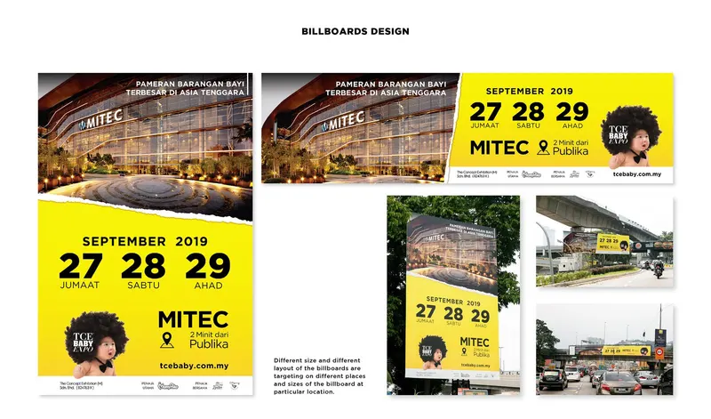 TCE Baby Expo billboard designs for MITEC in several sizes, shown on roadside and highway sites