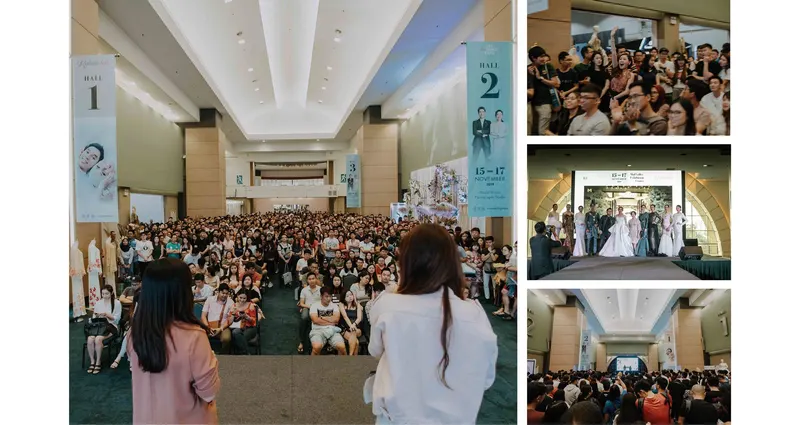 TCE Wedding Expo onsite photography of packed halls, hall banners and a bridal runway show