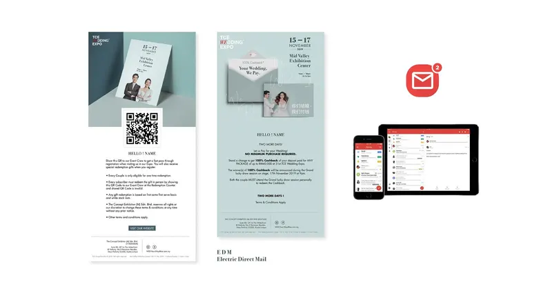 TCE Wedding Expo email (EDM) designs for a cashback offer, shown on phone and tablet