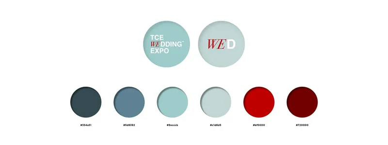 TCE Wedding Expo logo variants and a colour palette of teal, slate blue and deep red