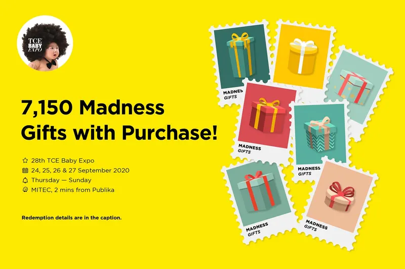 Yhello Box stamp-style promo graphic announcing 7,150 Madness Gifts at the 28th TCE Baby Expo
