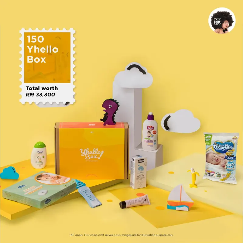 Yhello Box promo graphic showing the orange box and baby products, 150 boxes worth RM 33,300
