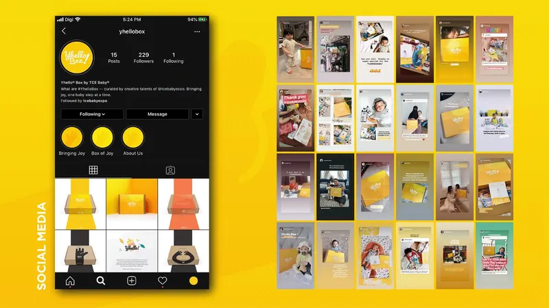 Yhello Box social media profile and a grid of customer stories featuring the yellow box