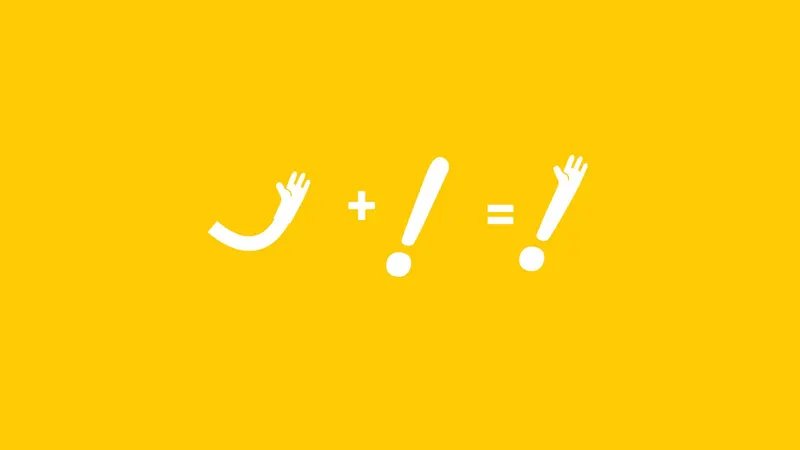 Yhello Box logo concept joining a waving arm and an exclamation mark, on yellow