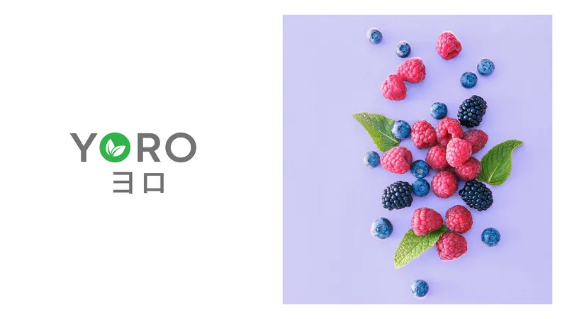 YORO logo with a green leaf in the O, beside a berry photograph on lilac