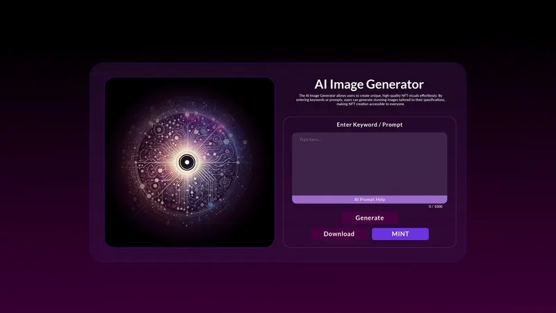 yrNFT AI image generator UI design with a prompt box and Generate, Download and Mint buttons