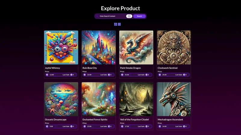 yrNFT marketplace UI design with search and a grid of AI-generated NFT artworks and prices