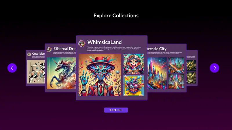 yrNFT Explore Collections UI design, a carousel of themed NFT collections including WhimsicaLand