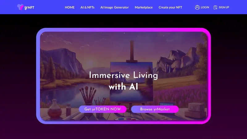 yrNFT website homepage design with the 'Immersive Living with AI' hero and marketplace buttons
