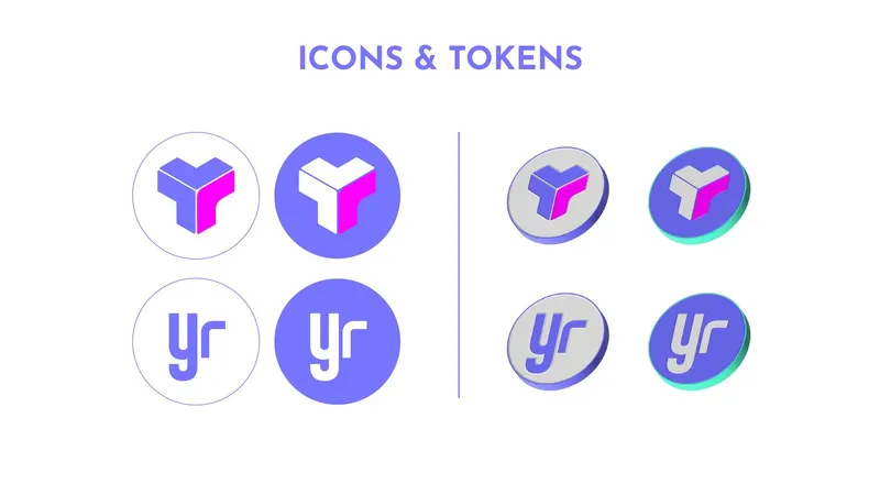 yrNFT logo icons and 3D token coins, using a three-sided Y mark and a yr monogram