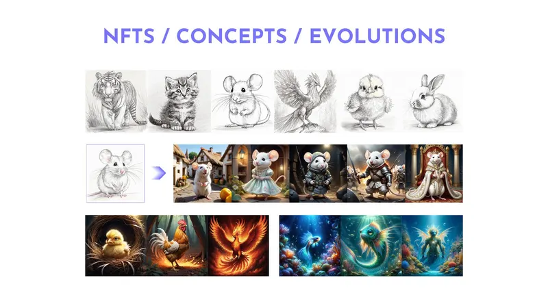 yrNFT concept sketches of animals evolving into finished AI-generated NFT character artworks