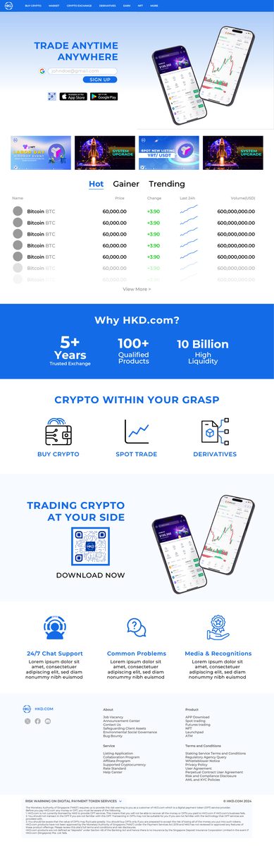 HKD.com UI/UX full-length homepage design, from hero and market list to download section and footer