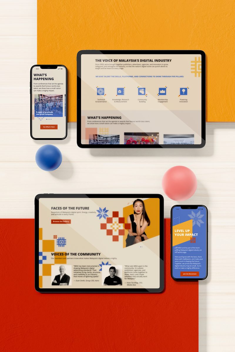 Malaysian Digital Association rebrand website design on two tablets and two phones